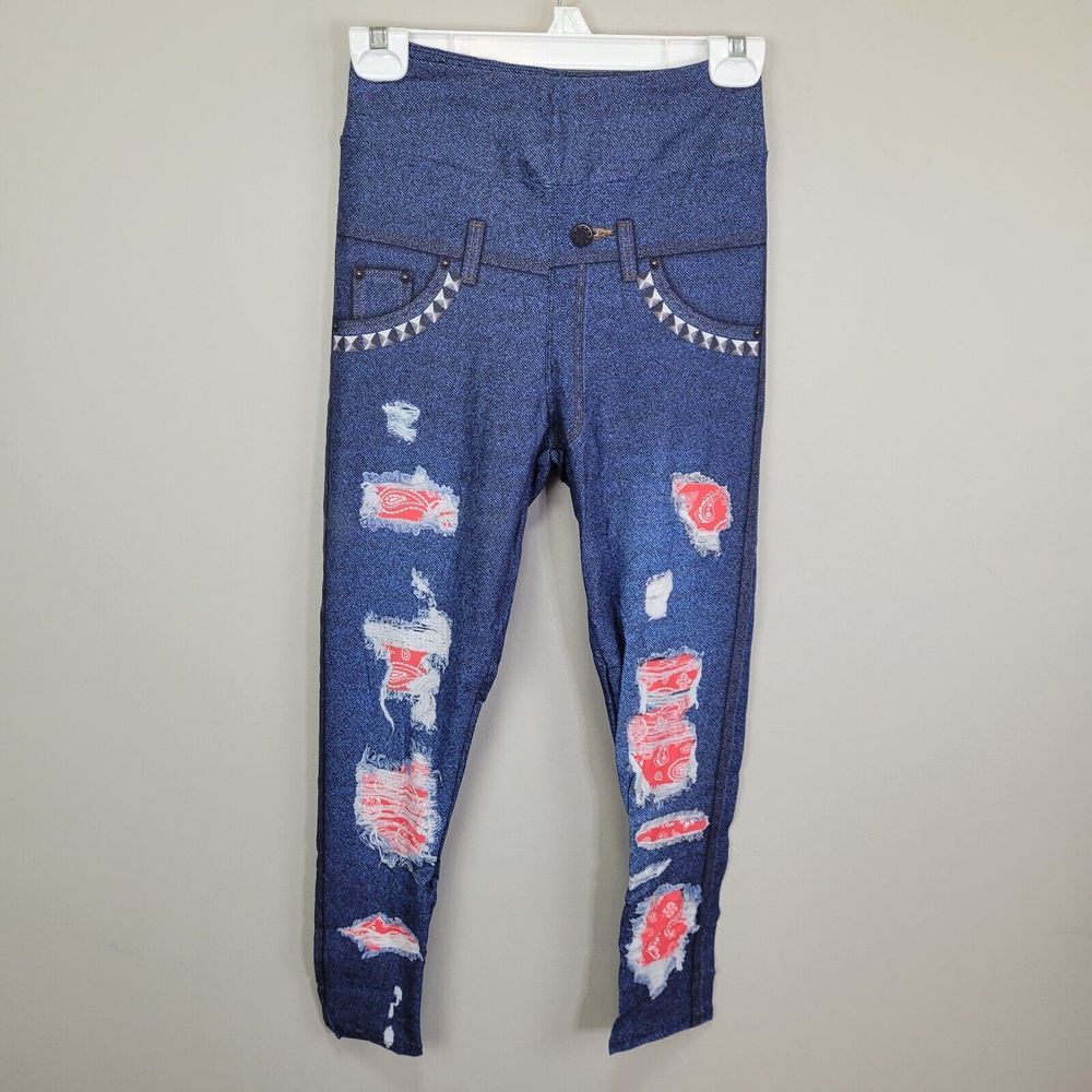 Dren Designs Dark Wash Faux‎ Distressed Denim Red Bandana Accent Leggings One...